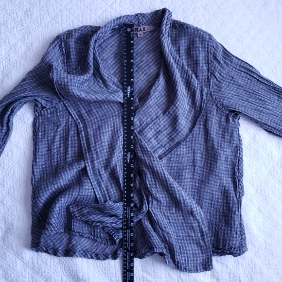 Medium Flax Sheer Linen Blouse Buttoned Deep V Neck Gray Gauzy - Picture 6 of 10